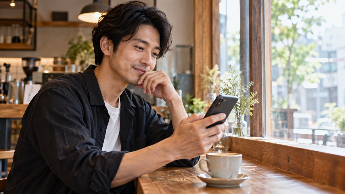 相手のプロフィールを読みながらメッセージを考える日本人男性