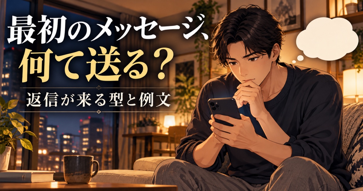 マッチングアプリで最初に送るメッセージを考える日本人男性のイラスト