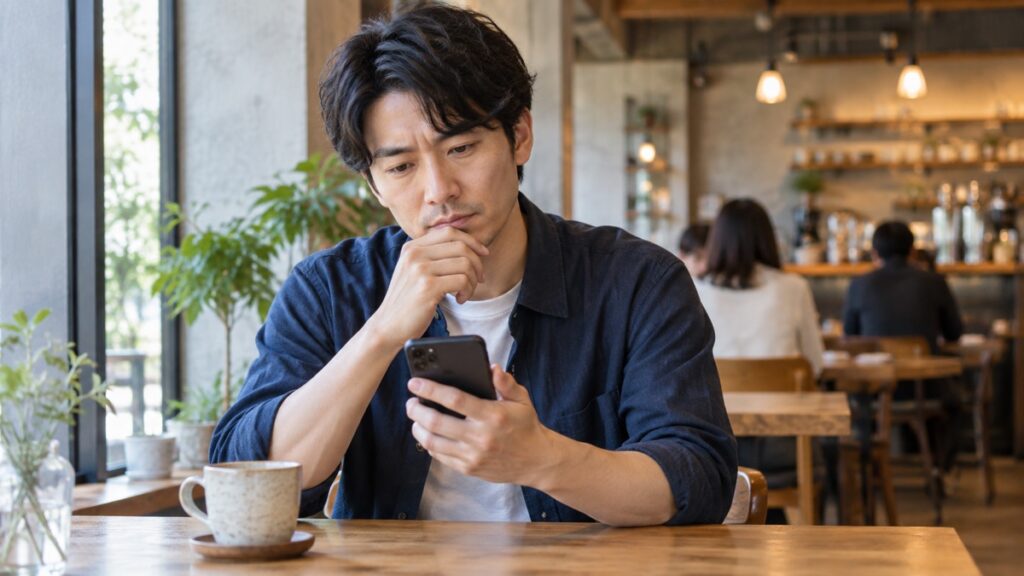 カフェでスマホを見ながらプロフィールを考える日本人男性