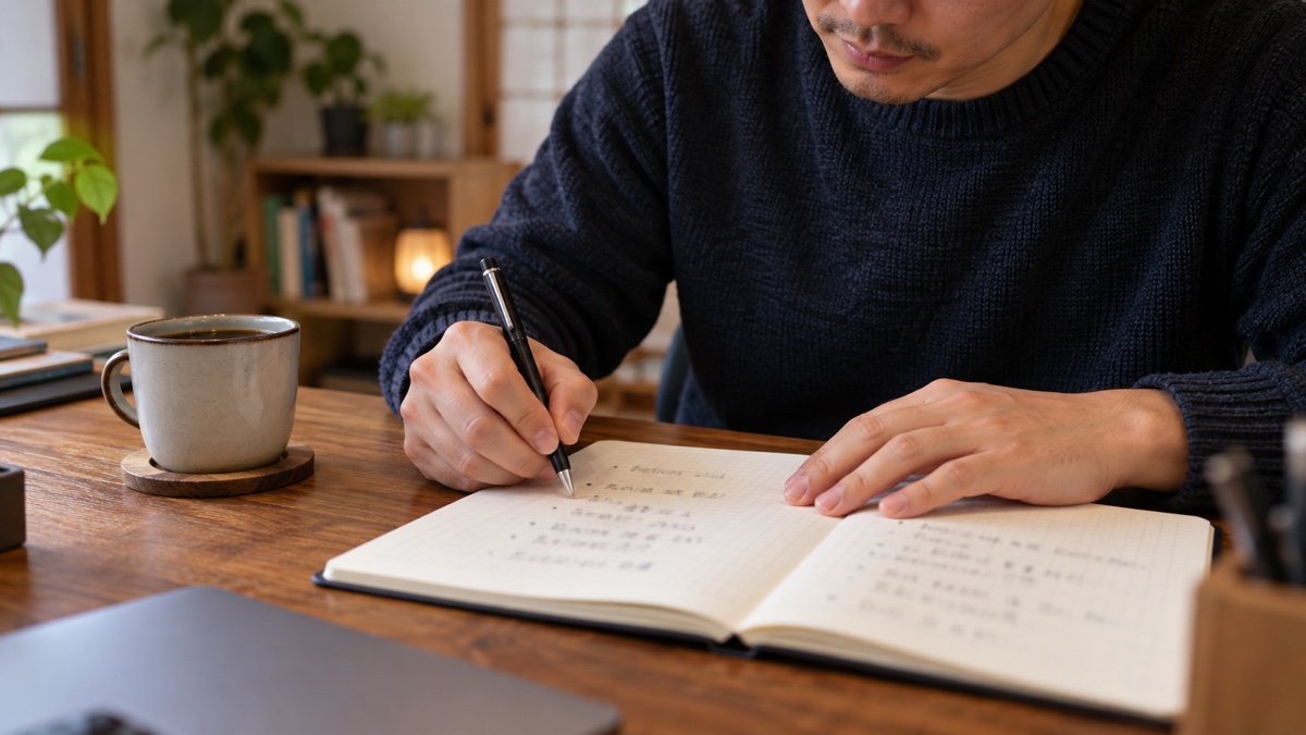 ノートに自己紹介文の下書きを書く日本人男性の手元