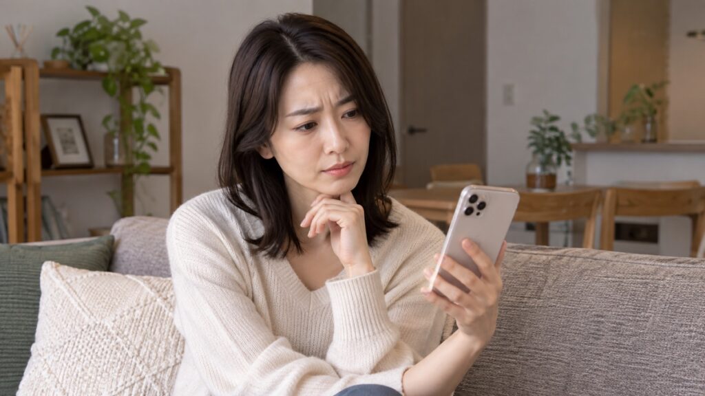スマホを見ながら少し首をかしげる日本人女性