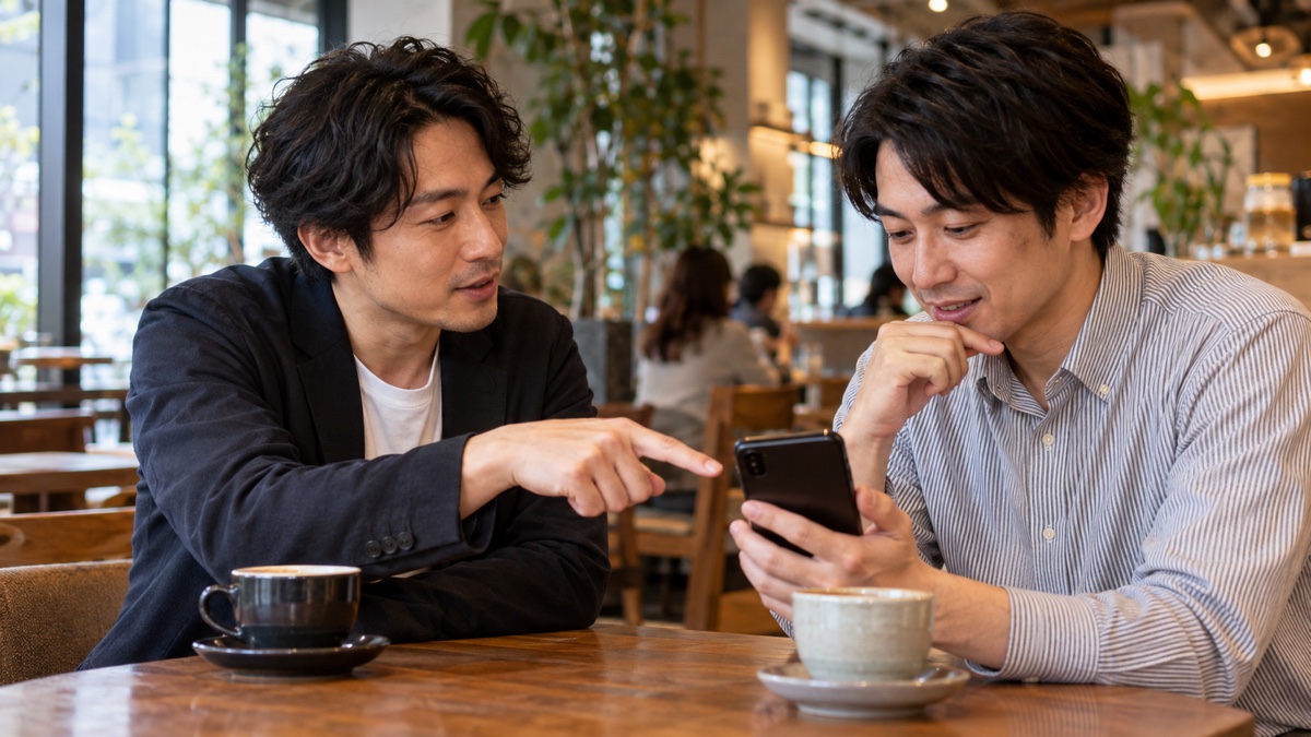 カフェで友人にプロフィールの助言をもらう日本人男性