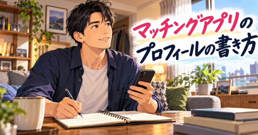 マッチングアプリのプロフィール文を考える日本人男性のイラスト