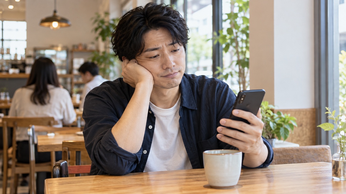 スマホを見ながら少し疲れた表情をする日本人男性