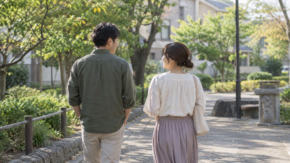 日本の住宅街の公園を並んで歩く30代の日本人夫婦