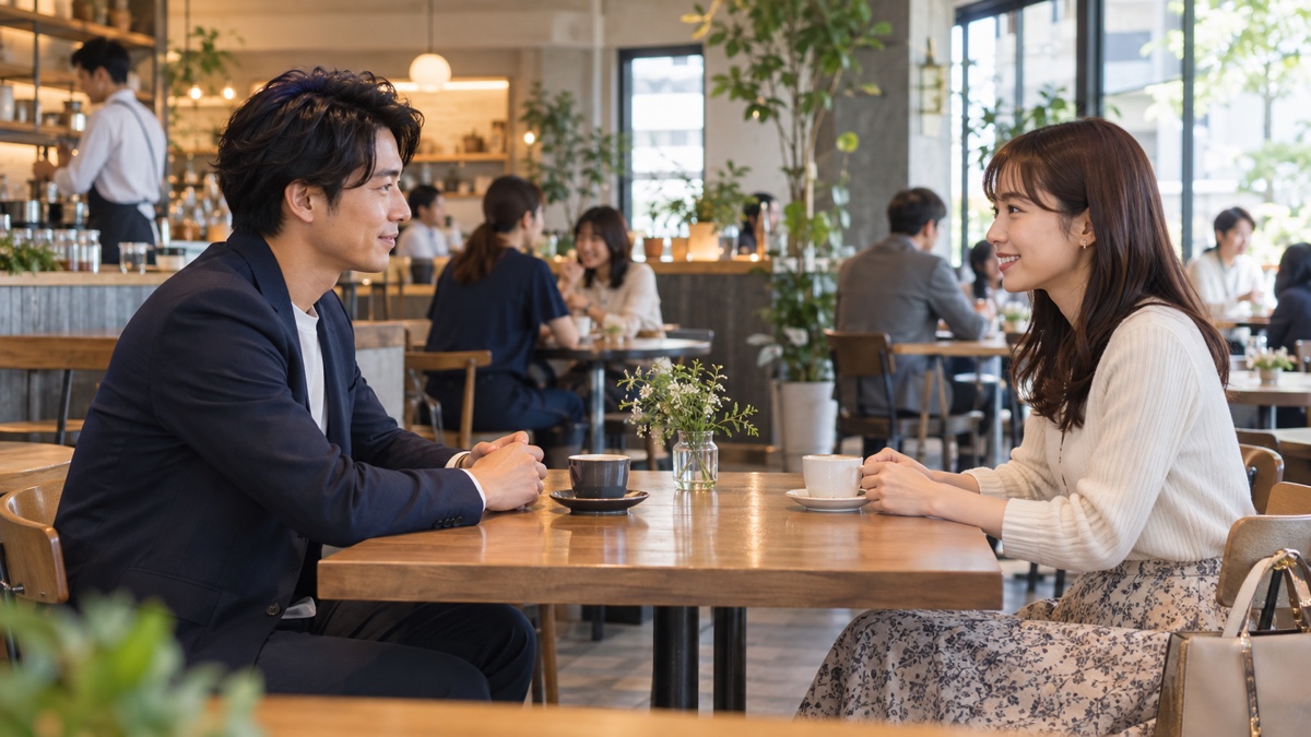 明るいカフェで初対面の日本人男女が話す様子