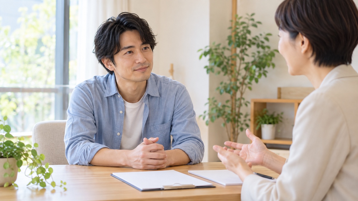 相談室でカウンセラーの話を聞く日本人男性