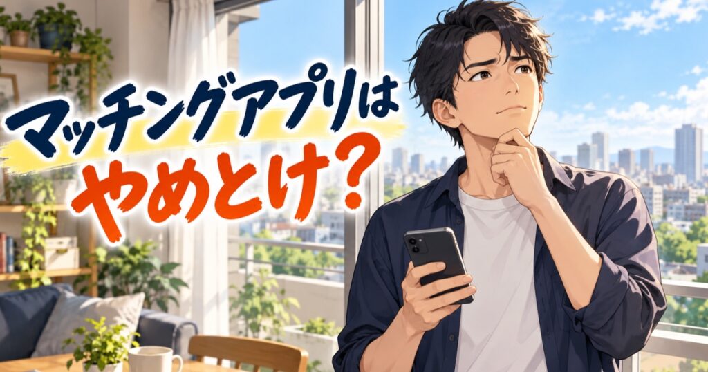 マッチングアプリを使うべきか考える日本人男性のイラスト