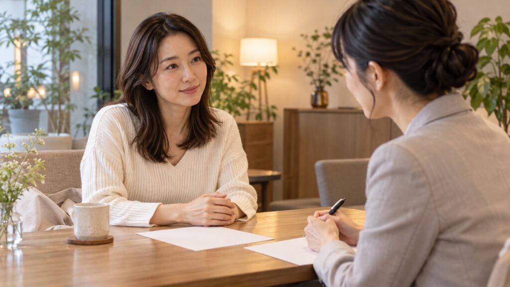相談室でカウンセラーと面談する日本人女性
