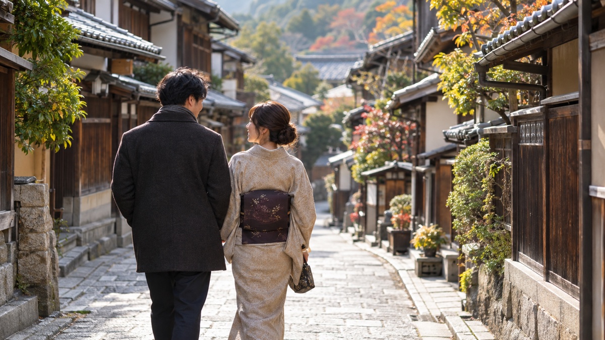 落ち着いた街並みを並んで歩く男女