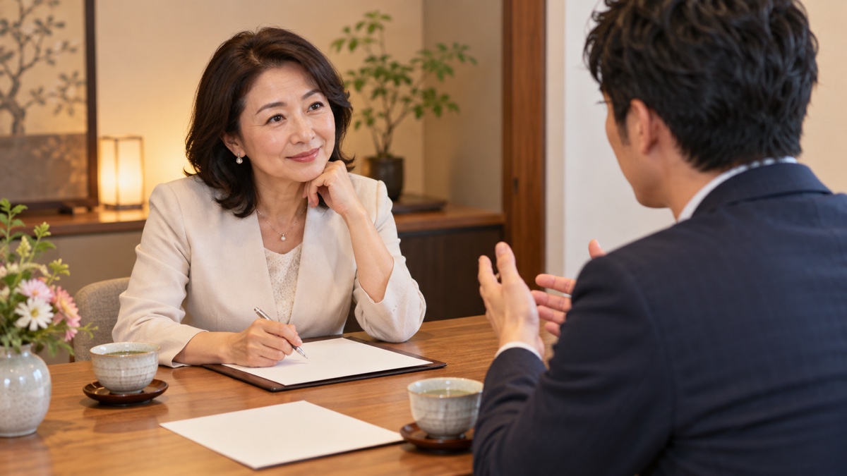 相談室で仲人に婚活の相談をする男性