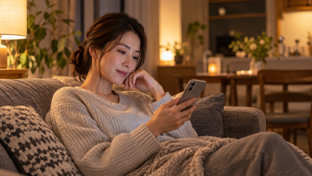 自宅でスマートフォンから婚活する女性