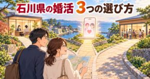 石川県で婚活する3つの道を選ぶ男女のイラスト