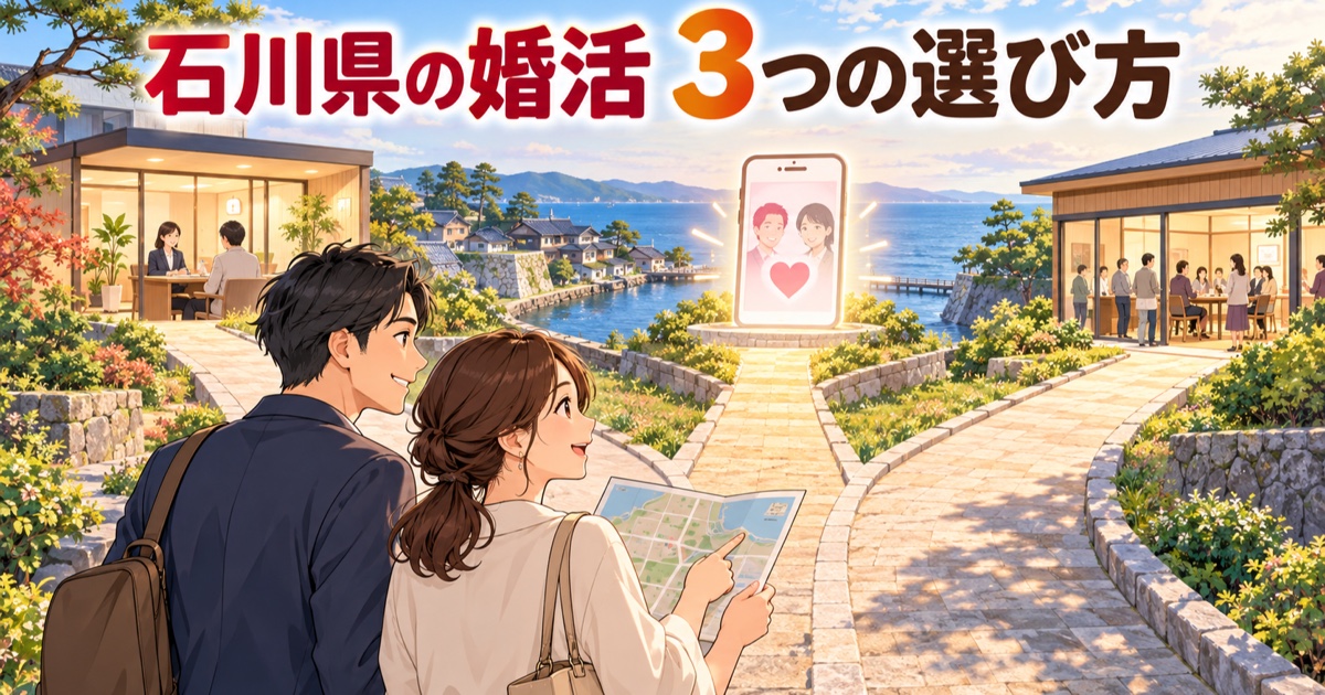 石川県で婚活する3つの道を選ぶ男女のイラスト