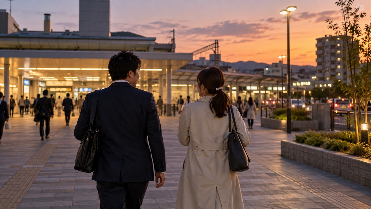 郊外の駅前ロータリーを歩く日本人男女