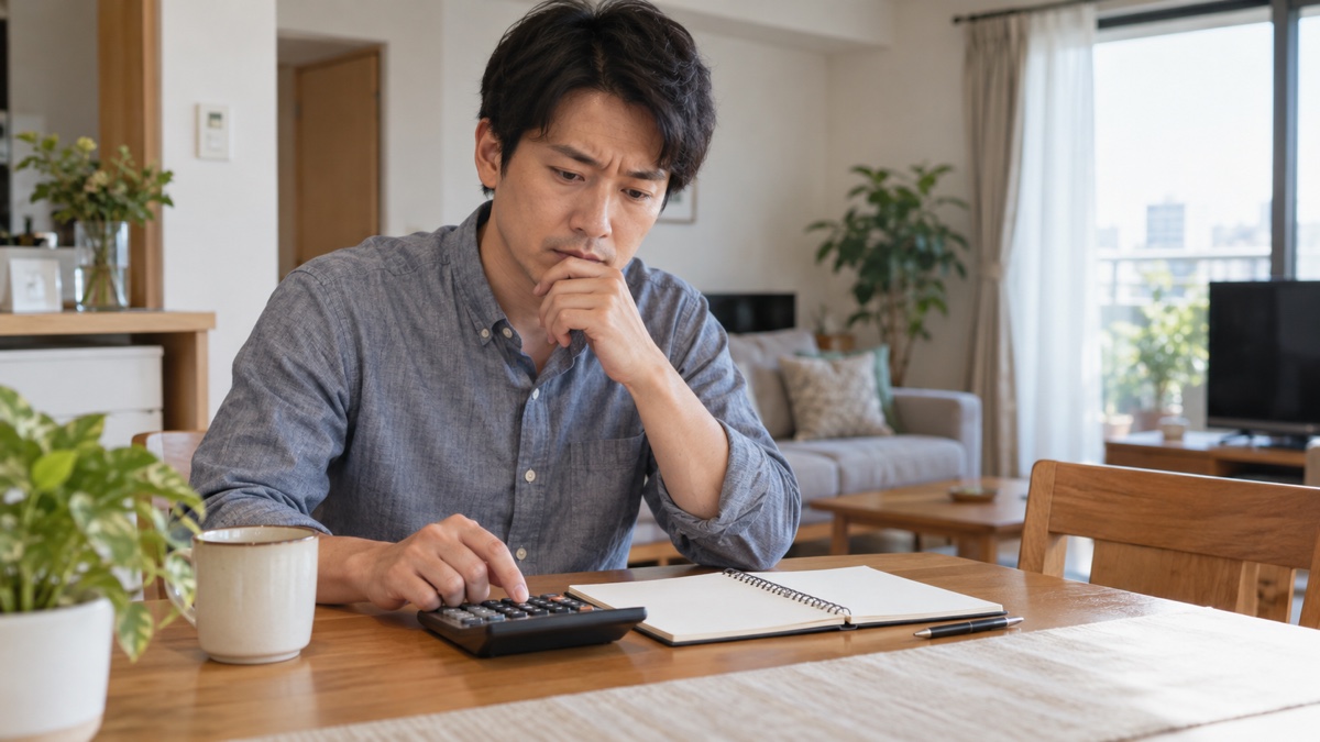 自宅で結婚相談所の費用を計算する日本人男性