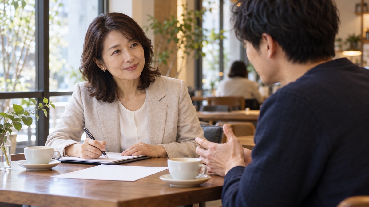 喫茶店で女性カウンセラーと面談する日本人男性