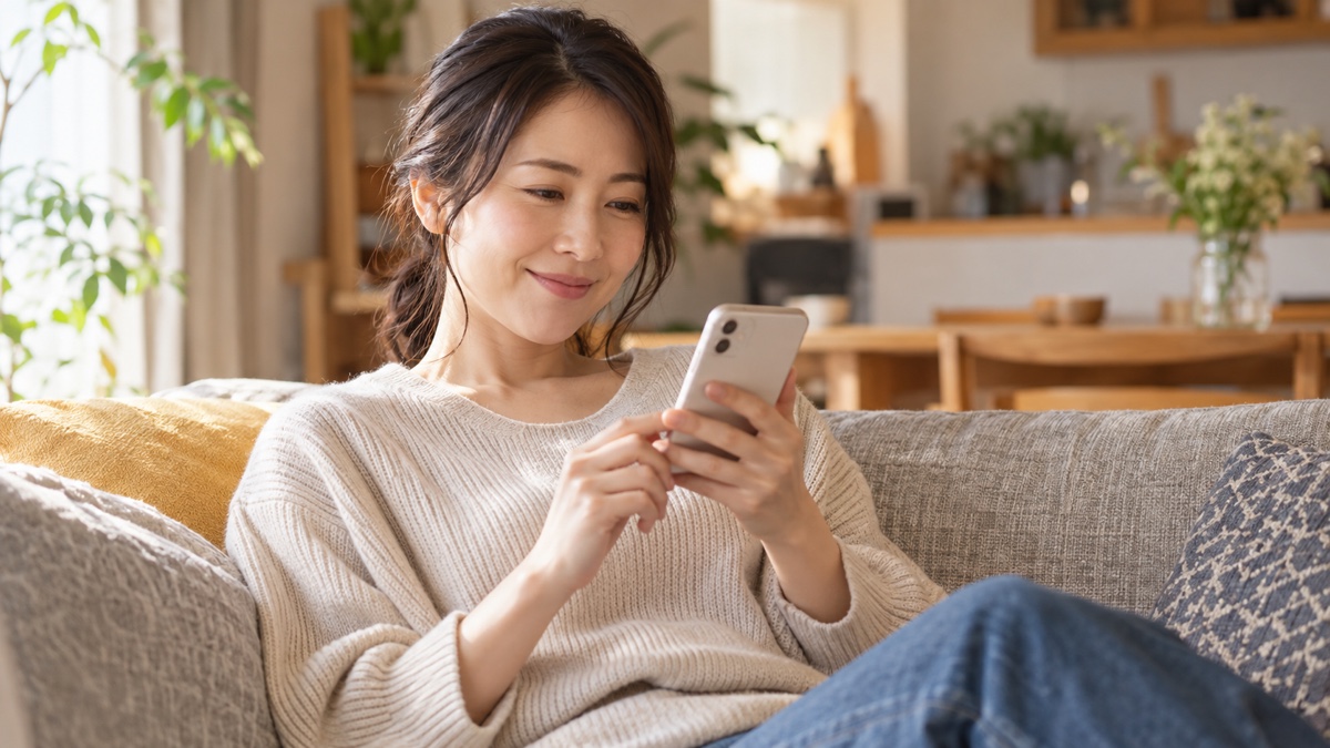 自宅でスマートフォンを見ながら微笑む日本人女性