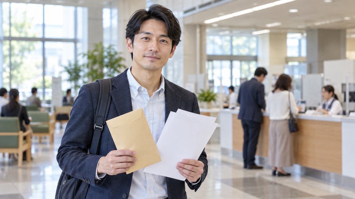 公共施設で封筒と書類を持つ日本人男性