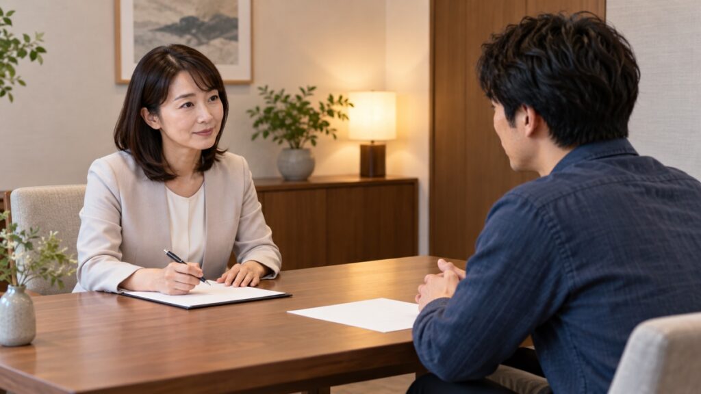 個室の相談室でカウンセラーと話す日本人男性