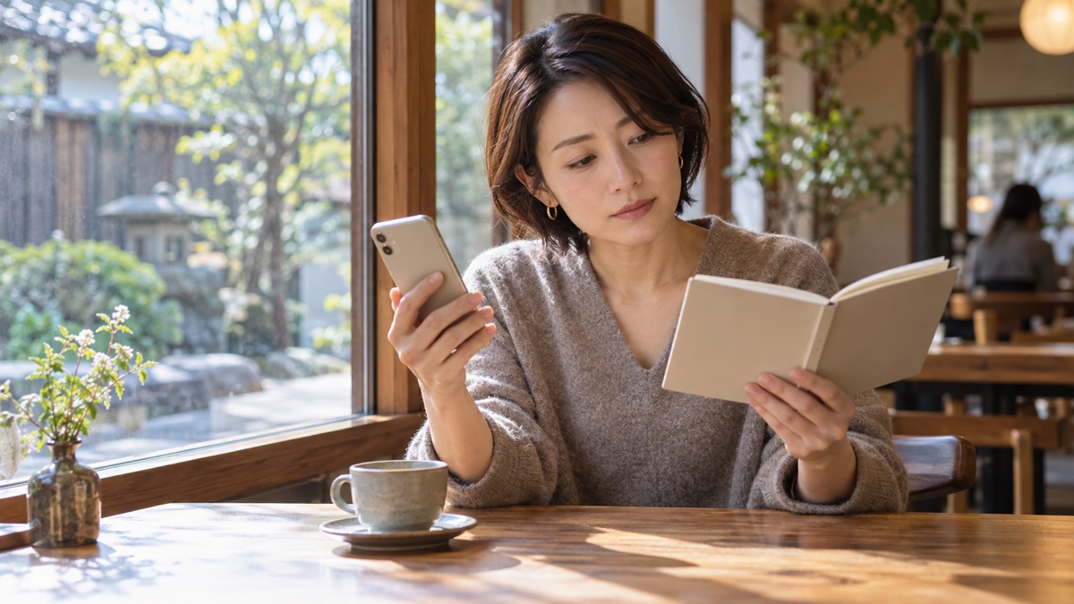 カフェでスマートフォンと手帳を見比べる日本人女性