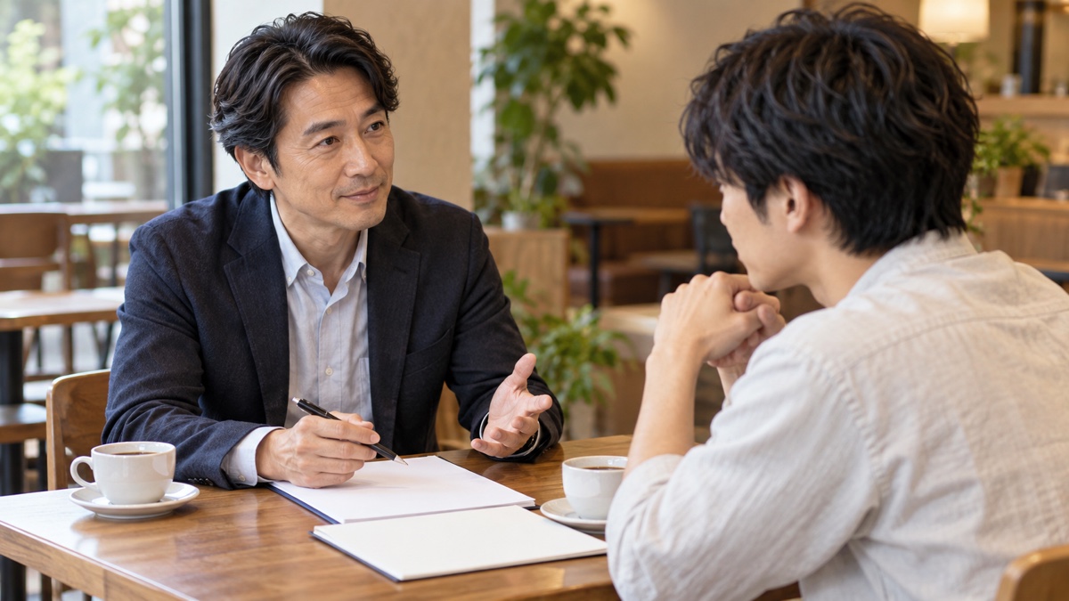 カフェで男性カウンセラーに相談する日本人男性