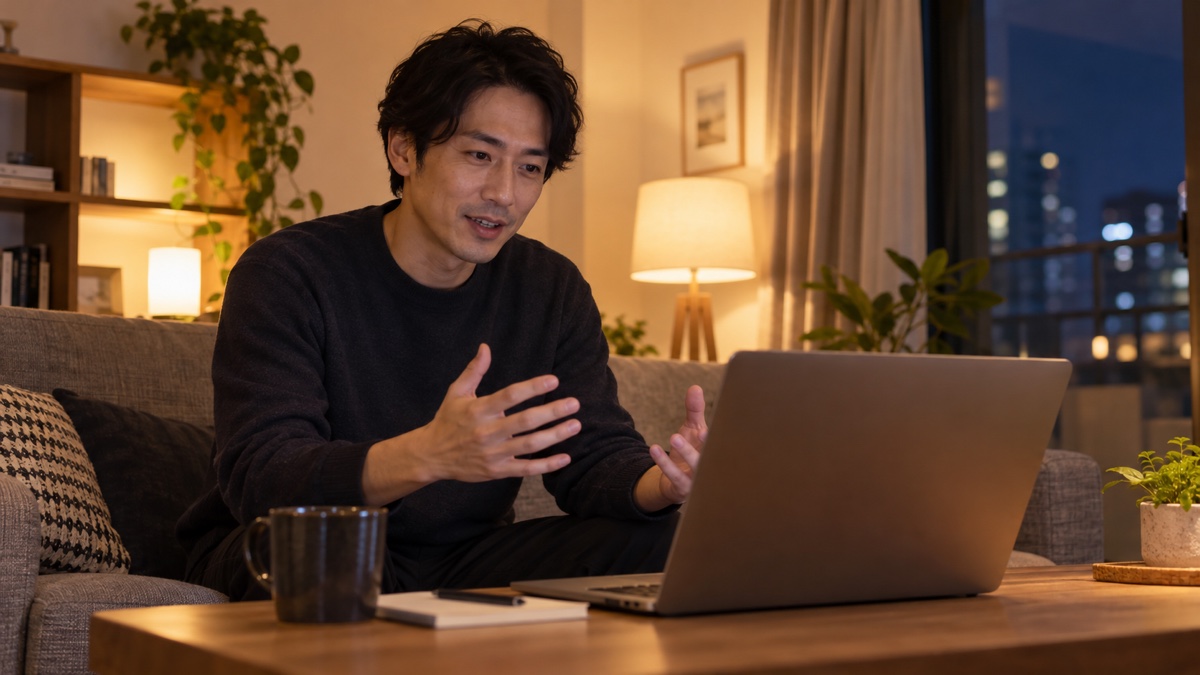自宅でオンライン面談をする日本人男性